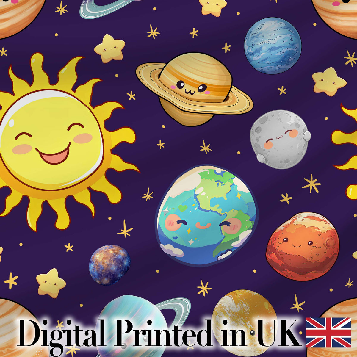 Solar System Sun Earth Saturn Planets Stars Seamless  Purple Background Digital Print Fabric by the Metre UK Sewing Quilting Textile