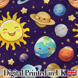 Solar System Sun Earth Saturn Planets Stars Seamless  Purple Background Digital Print Fabric by the Metre UK Sewing Quilting Textile