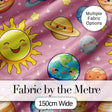 Solar System Sun Earth Saturn Planets Stars Seamless  Pink Background Digital Print Fabric by the Metre UK Sewing Quilting Textile