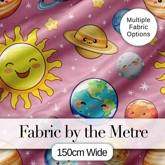 Solar System Sun Earth Saturn Planets Stars Seamless  Pink Background Digital Print Fabric by the Metre UK Sewing Quilting Textile