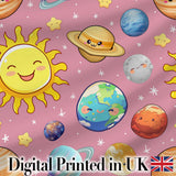 Solar System Sun Earth Saturn Planets Stars Seamless  Pink Background Digital Print Fabric by the Metre UK Sewing Quilting Textile