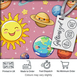 Solar System Sun Earth Saturn Planets Stars Seamless  Pink Background Digital Print Fabric by the Metre UK Sewing Quilting Textile