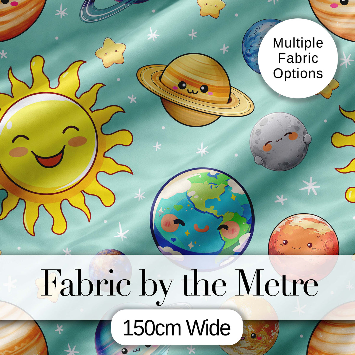 Solar System Sun Earth Saturn Planets Stars Seamless  Mint Background Digital Print Fabric by the Metre UK Sewing Quilting Textile