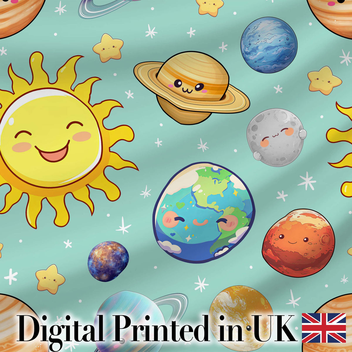 Solar System Sun Earth Saturn Planets Stars Seamless  Mint Background Digital Print Fabric by the Metre UK Sewing Quilting Textile