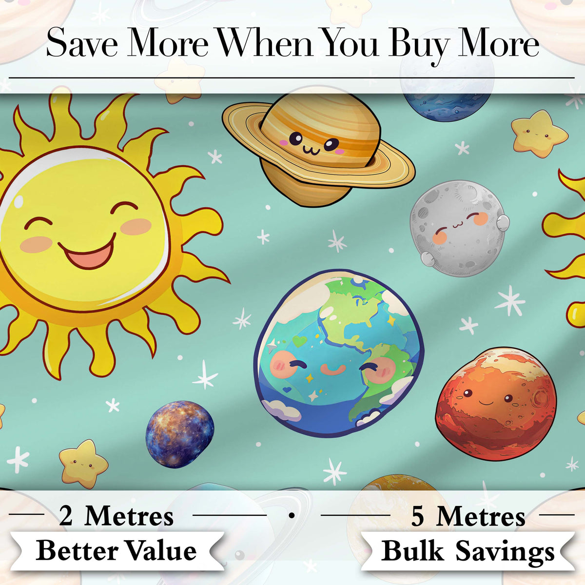 Solar System Sun Earth Saturn Planets Stars Seamless  Mint Background Digital Print Fabric by the Metre UK Sewing Quilting Textile
