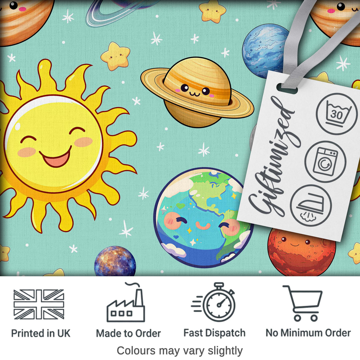 Solar System Sun Earth Saturn Planets Stars Seamless  Mint Background Digital Print Fabric by the Metre UK Sewing Quilting Textile