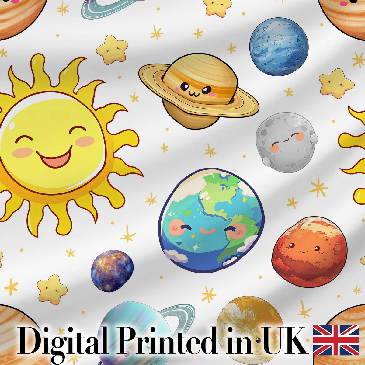 Solar System Sun Earth Saturn Planets Stars Seamless  Grey Background Digital Print Fabric by the Metre UK Sewing Quilting Textile