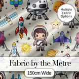 Space Astronaut Rockets UFO Telescope Stars Seamless  Cream Background Digital Print Fabric by the Metre UK Sewing Quilting Textile