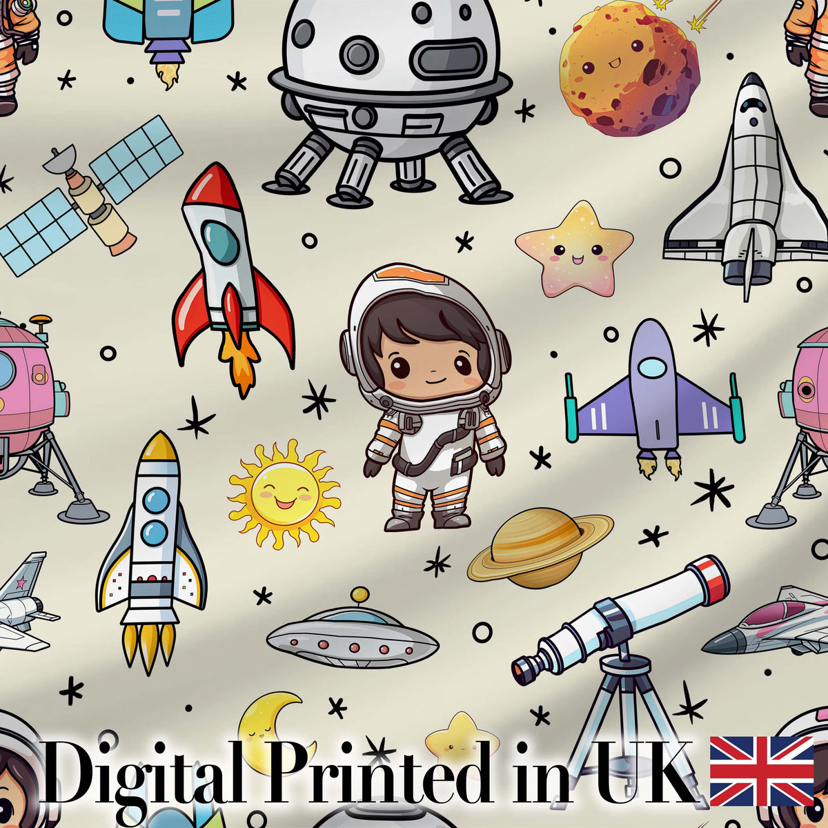 Space Astronaut Rockets UFO Telescope Stars Seamless  Cream Background Digital Print Fabric by the Metre UK Sewing Quilting Textile