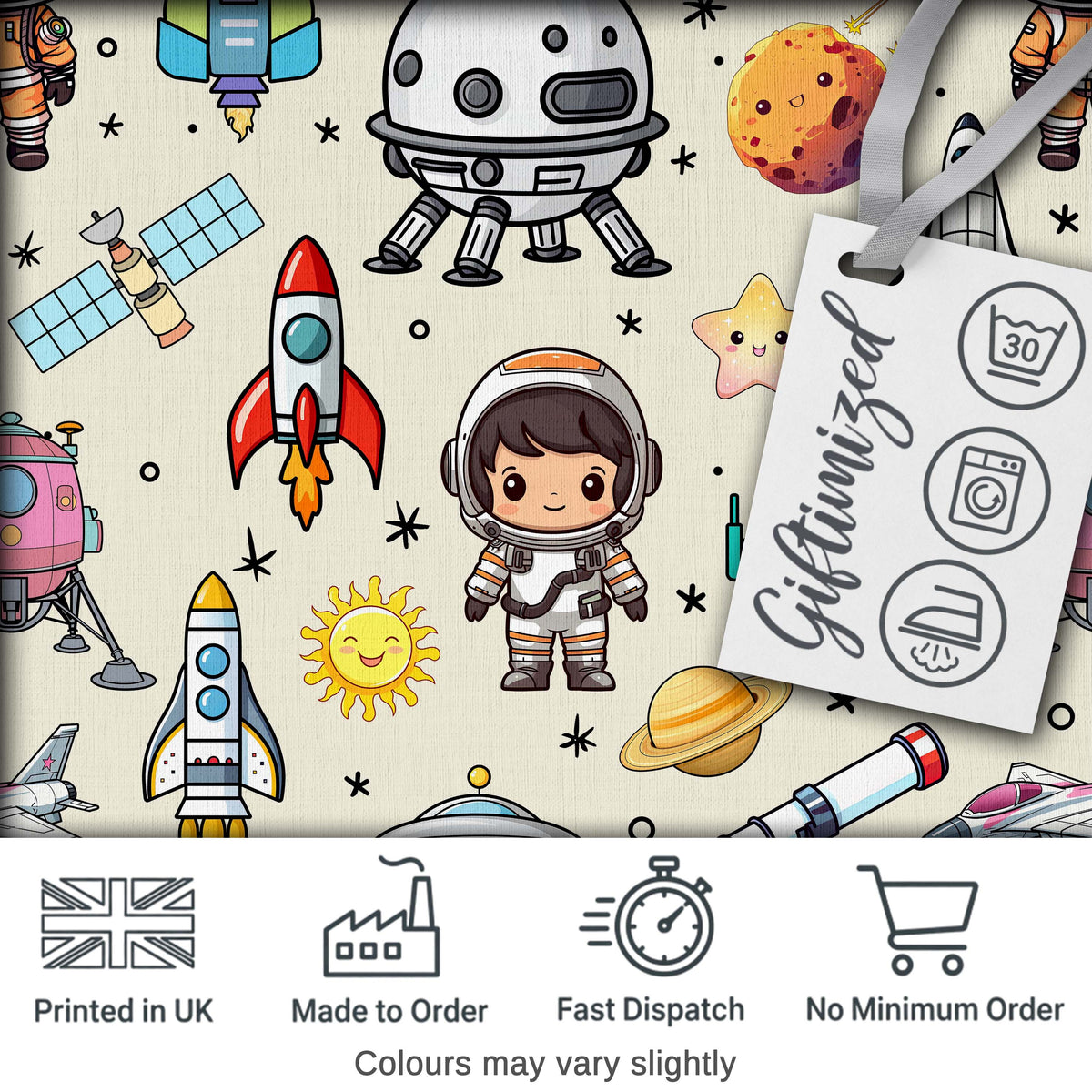 Space Astronaut Rockets UFO Telescope Stars Seamless  Cream Background Digital Print Fabric by the Metre UK Sewing Quilting Textile