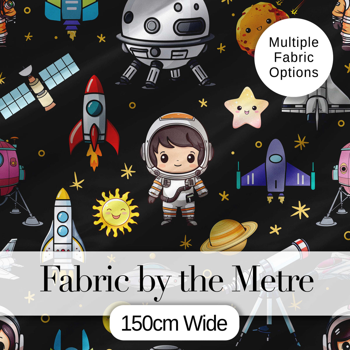 Space Astronaut Rockets UFO Telescope Stars Seamless  Black Background Digital Print Fabric by the Metre UK Sewing Quilting Textile