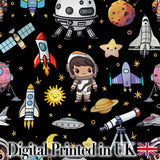 Space Astronaut Rockets UFO Telescope Stars Seamless  Black Background Digital Print Fabric by the Metre UK Sewing Quilting Textile