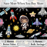 Space Astronaut Rockets UFO Telescope Stars Seamless  Black Background Digital Print Fabric by the Metre UK Sewing Quilting Textile
