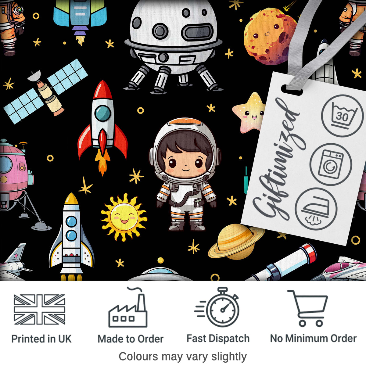 Space Astronaut Rockets UFO Telescope Stars Seamless  Black Background Digital Print Fabric by the Metre UK Sewing Quilting Textile