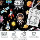 Space Astronaut Rockets UFO Telescope Stars Seamless  Black Background Digital Print Fabric by the Metre UK Sewing Quilting Textile