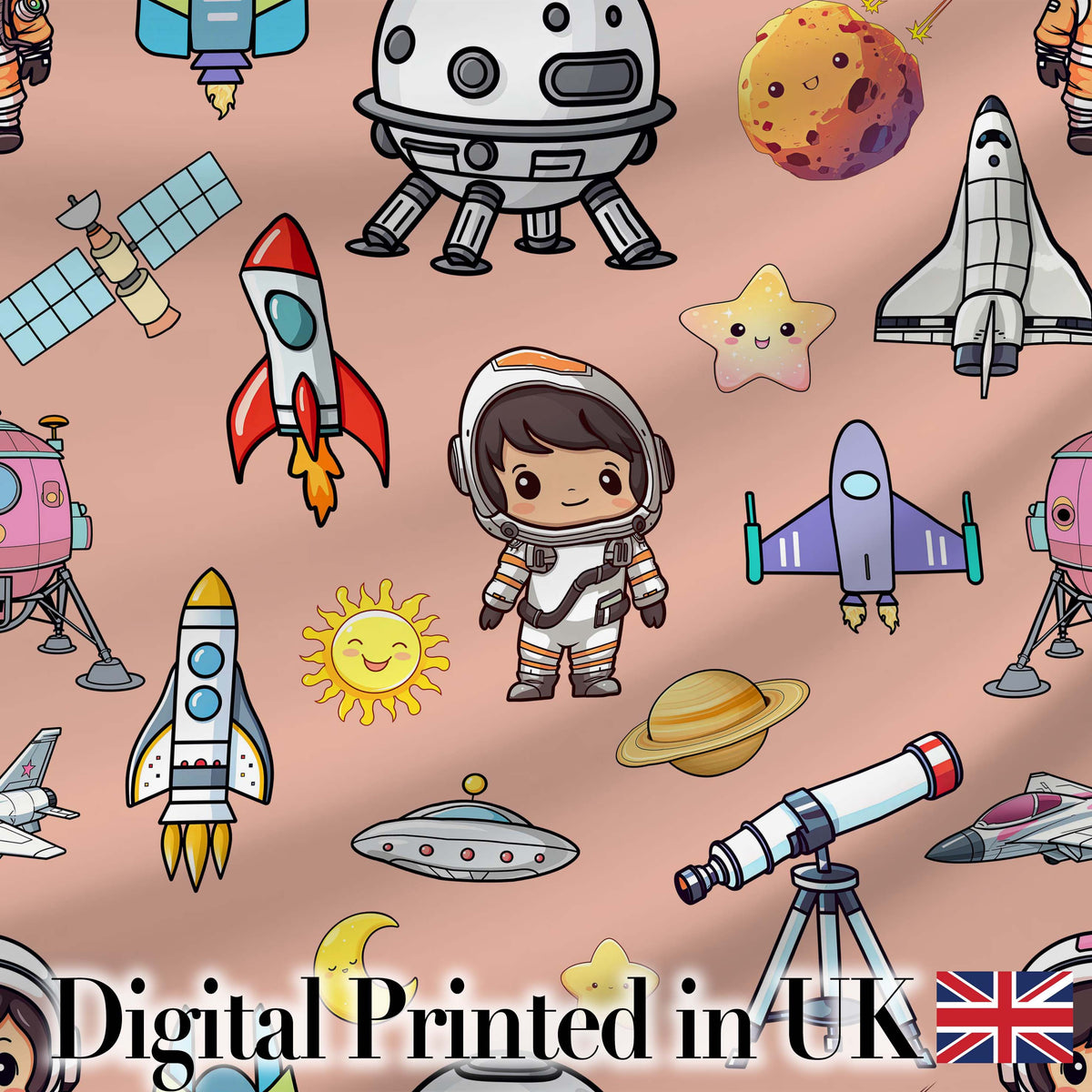 Space Astronaut Rockets UFO Telescope Stars Seamless  Peach Background Digital Print Fabric by the Metre UK Sewing Quilting Textile