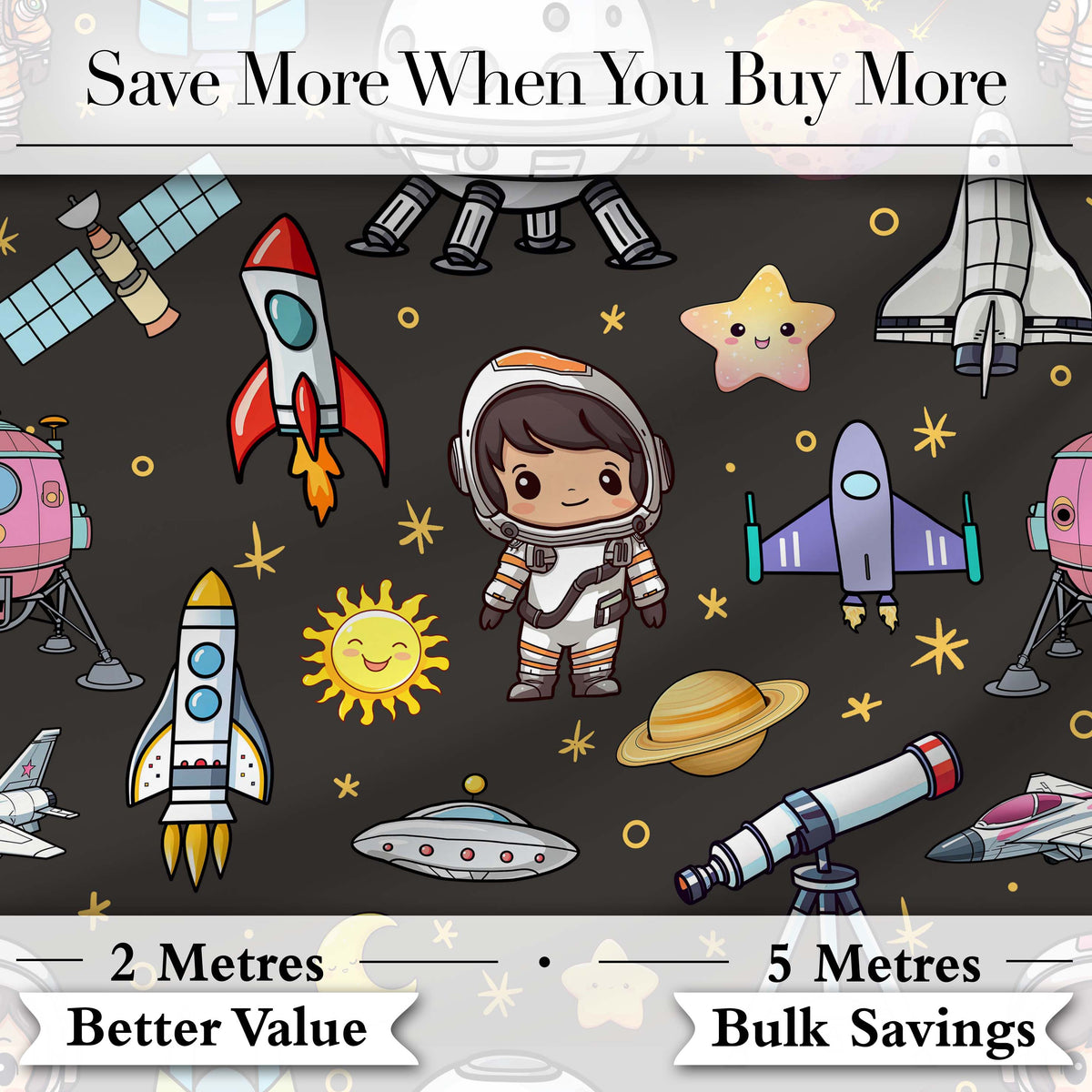 Space Astronaut Rockets UFO Telescope Stars Seamless  Dark Grey Background Digital Print Fabric by the Metre UK Sewing Quilting Textile