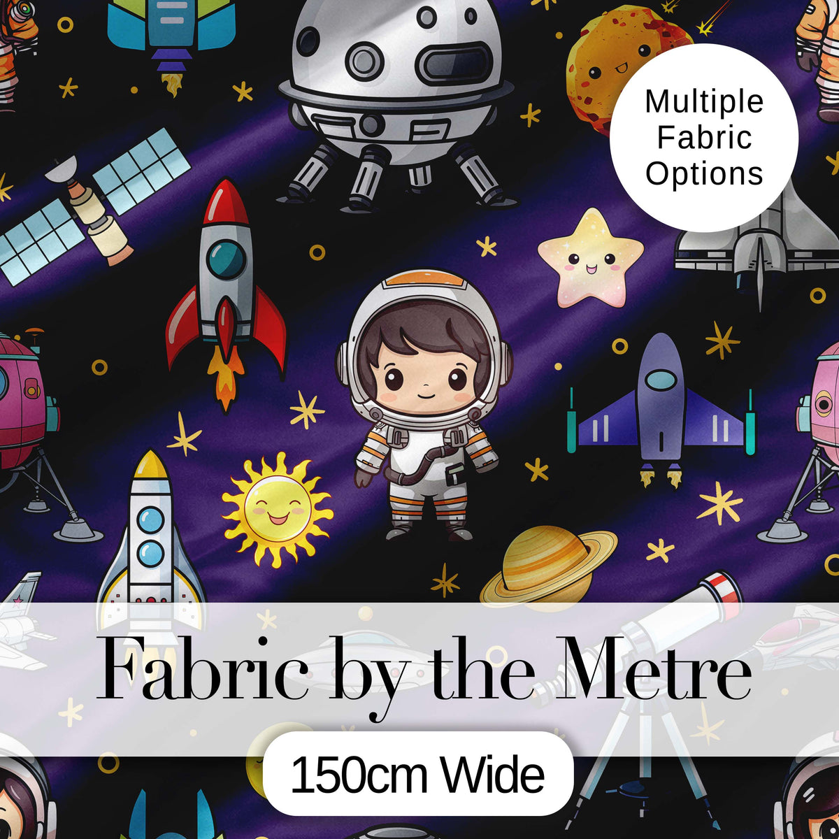 Space Astronaut Rockets UFO Telescope Stars Seamless  Deep Purple Background Digital Print Fabric by the Metre UK Sewing Quilting Textile