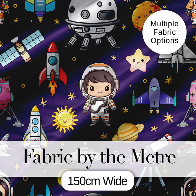 Space Astronaut Rockets UFO Telescope Stars Seamless  Deep Purple Background Digital Print Fabric by the Metre UK Sewing Quilting Textile