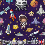Space Astronaut Rockets UFO Telescope Stars Seamless  Deep Purple Background Digital Print Fabric by the Metre UK Sewing Quilting Textile