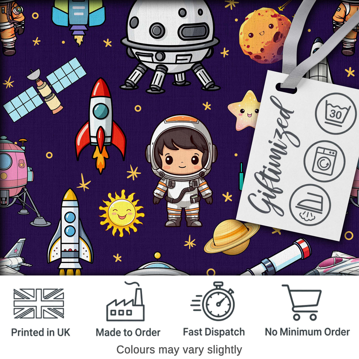 Space Astronaut Rockets UFO Telescope Stars Seamless  Deep Purple Background Digital Print Fabric by the Metre UK Sewing Quilting Textile