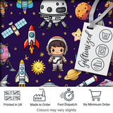 Space Astronaut Rockets UFO Telescope Stars Seamless  Deep Purple Background Digital Print Fabric by the Metre UK Sewing Quilting Textile