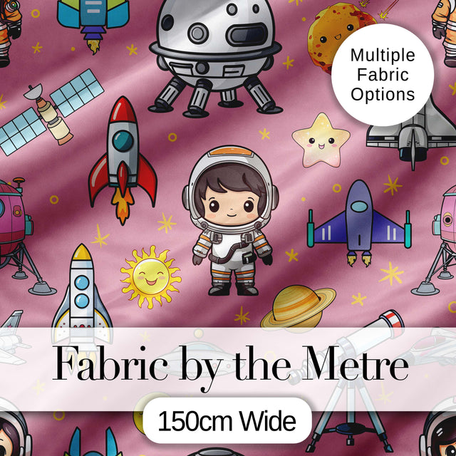 Space Astronaut Rockets UFO Telescope Stars Seamless  Pink Background Digital Print Fabric by the Metre UK Sewing Quilting Textile