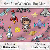 Space Astronaut Rockets UFO Telescope Stars Seamless  Pink Background Digital Print Fabric by the Metre UK Sewing Quilting Textile
