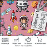 Space Astronaut Rockets UFO Telescope Stars Seamless  Pink Background Digital Print Fabric by the Metre UK Sewing Quilting Textile