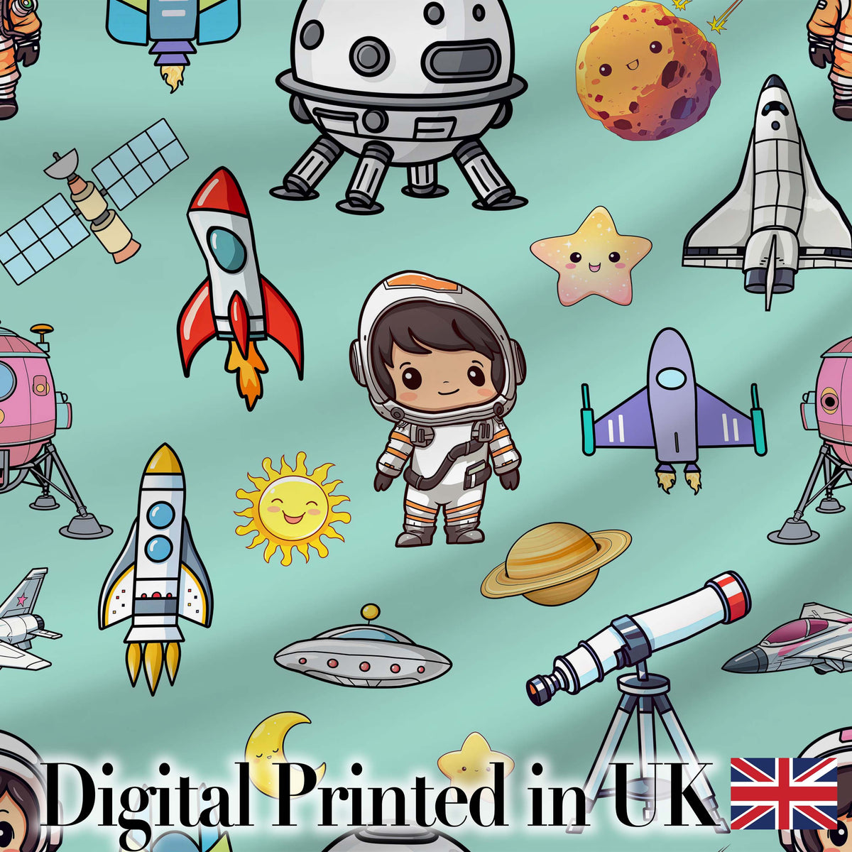 Space Astronaut Rockets UFO Telescope Stars Seamless  Mint Green Background Digital Print Fabric by the Metre UK Sewing Quilting Textile