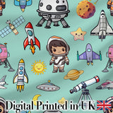 Space Astronaut Rockets UFO Telescope Stars Seamless  Mint Green Background Digital Print Fabric by the Metre UK Sewing Quilting Textile