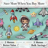 Space Astronaut Rockets UFO Telescope Stars Seamless  Mint Green Background Digital Print Fabric by the Metre UK Sewing Quilting Textile