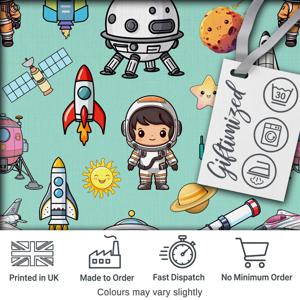 Space Astronaut Rockets UFO Telescope Stars Seamless  Mint Green Background Digital Print Fabric by the Metre UK Sewing Quilting Textile