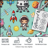 Space Astronaut Rockets UFO Telescope Stars Seamless  Mint Green Background Digital Print Fabric by the Metre UK Sewing Quilting Textile