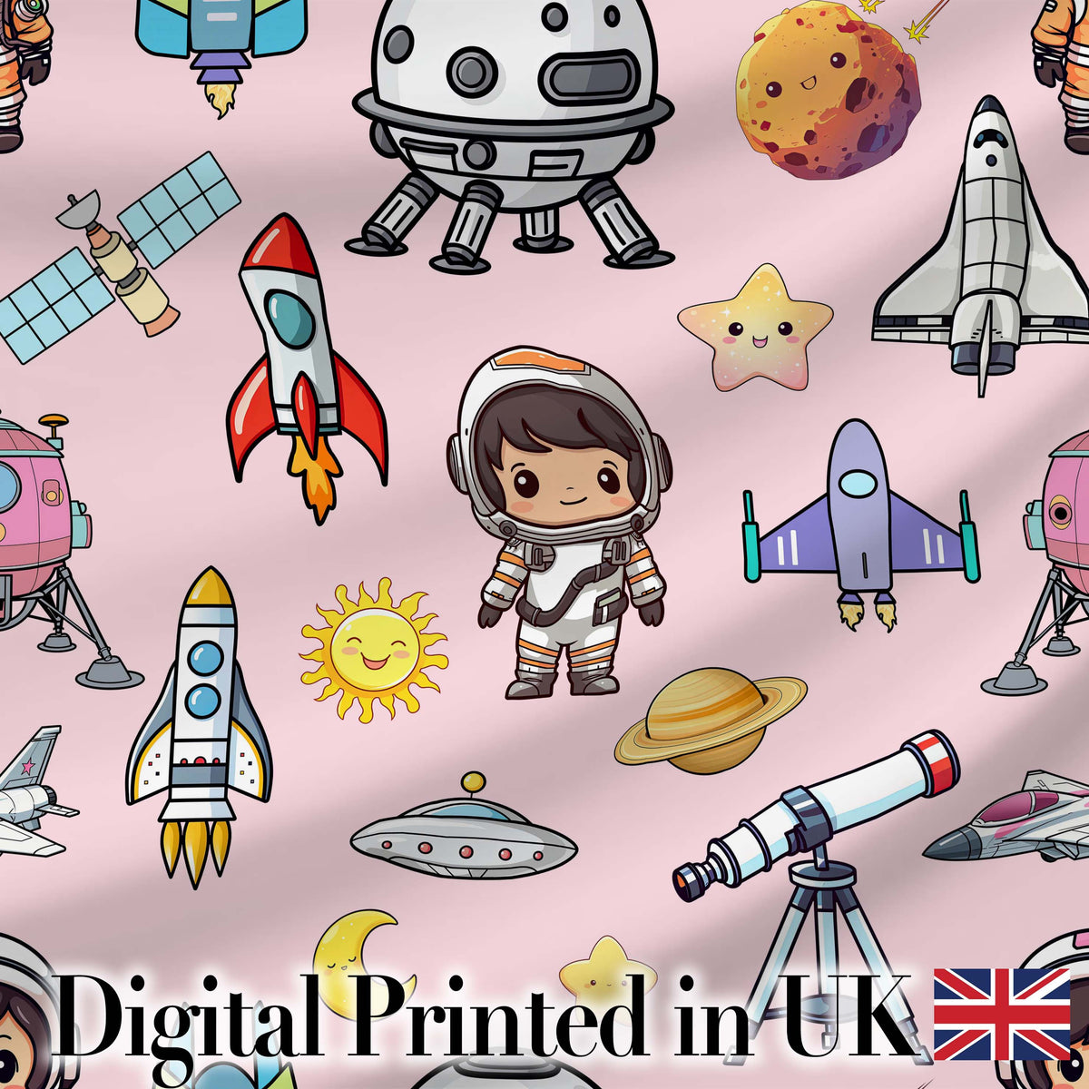 Space Astronaut Rockets UFO Telescope Stars Seamless  Blush Green Background Digital Print Fabric by the Metre UK Sewing Quilting Textile