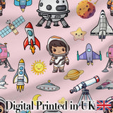 Space Astronaut Rockets UFO Telescope Stars Seamless  Blush Green Background Digital Print Fabric by the Metre UK Sewing Quilting Textile