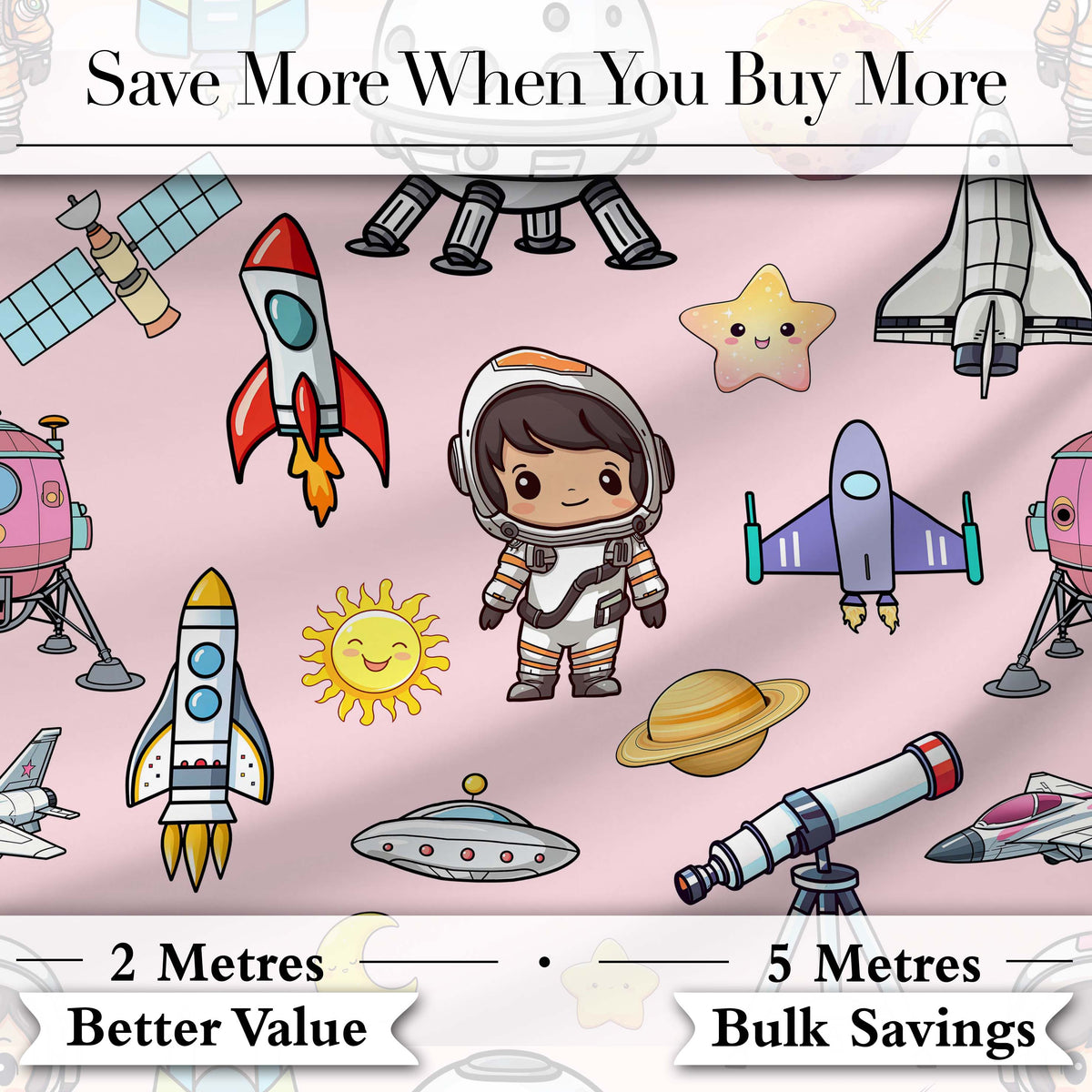 Space Astronaut Rockets UFO Telescope Stars Seamless  Blush Green Background Digital Print Fabric by the Metre UK Sewing Quilting Textile