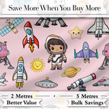 Space Astronaut Rockets UFO Telescope Stars Seamless  Blush Green Background Digital Print Fabric by the Metre UK Sewing Quilting Textile