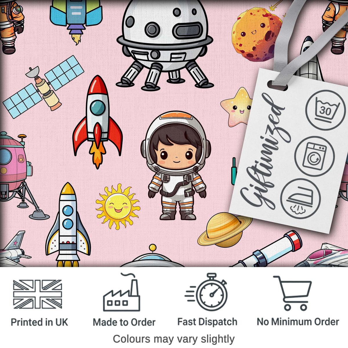 Space Astronaut Rockets UFO Telescope Stars Seamless  Blush Green Background Digital Print Fabric by the Metre UK Sewing Quilting Textile