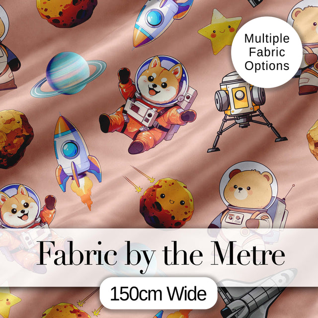 Space Dog Bear Astronaut Rockets Planets Stars Seamless  Peach Background Digital Print Fabric by the Metre UK Sewing Quilting Textile