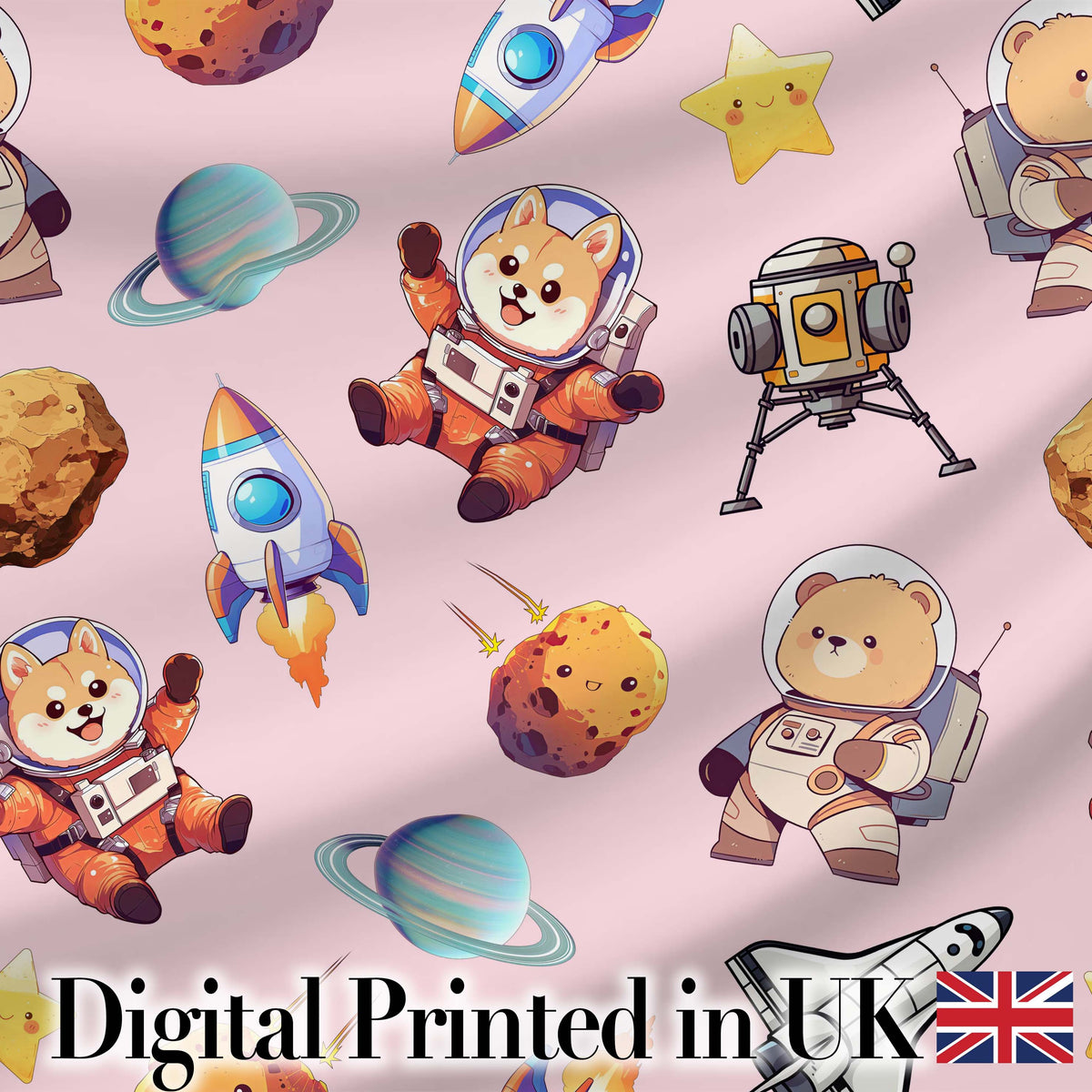 Space Dog Bear Astronaut Rockets Planets Stars Seamless  Blush Pink Background Digital Print Fabric by the Metre UK Sewing Quilting Textile