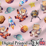 Space Dog Bear Astronaut Rockets Planets Stars Seamless  Blush Pink Background Digital Print Fabric by the Metre UK Sewing Quilting Textile