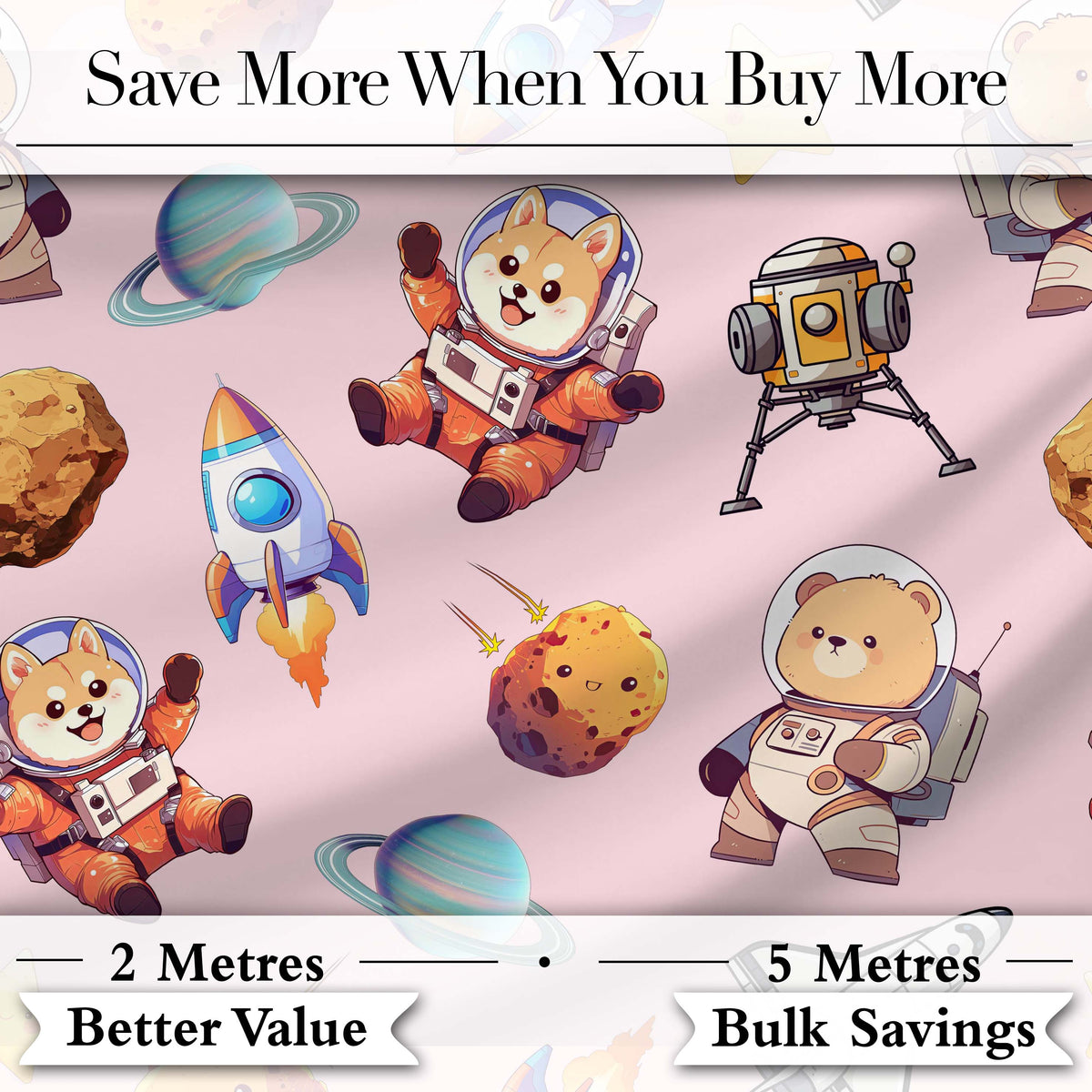 Space Dog Bear Astronaut Rockets Planets Stars Seamless  Blush Pink Background Digital Print Fabric by the Metre UK Sewing Quilting Textile