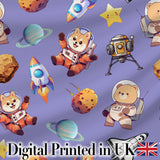 Space Dog Bear Astronaut Rockets Planets Stars Seamless  Lavender Background Digital Print Fabric by the Metre UK Sewing Quilting Textile