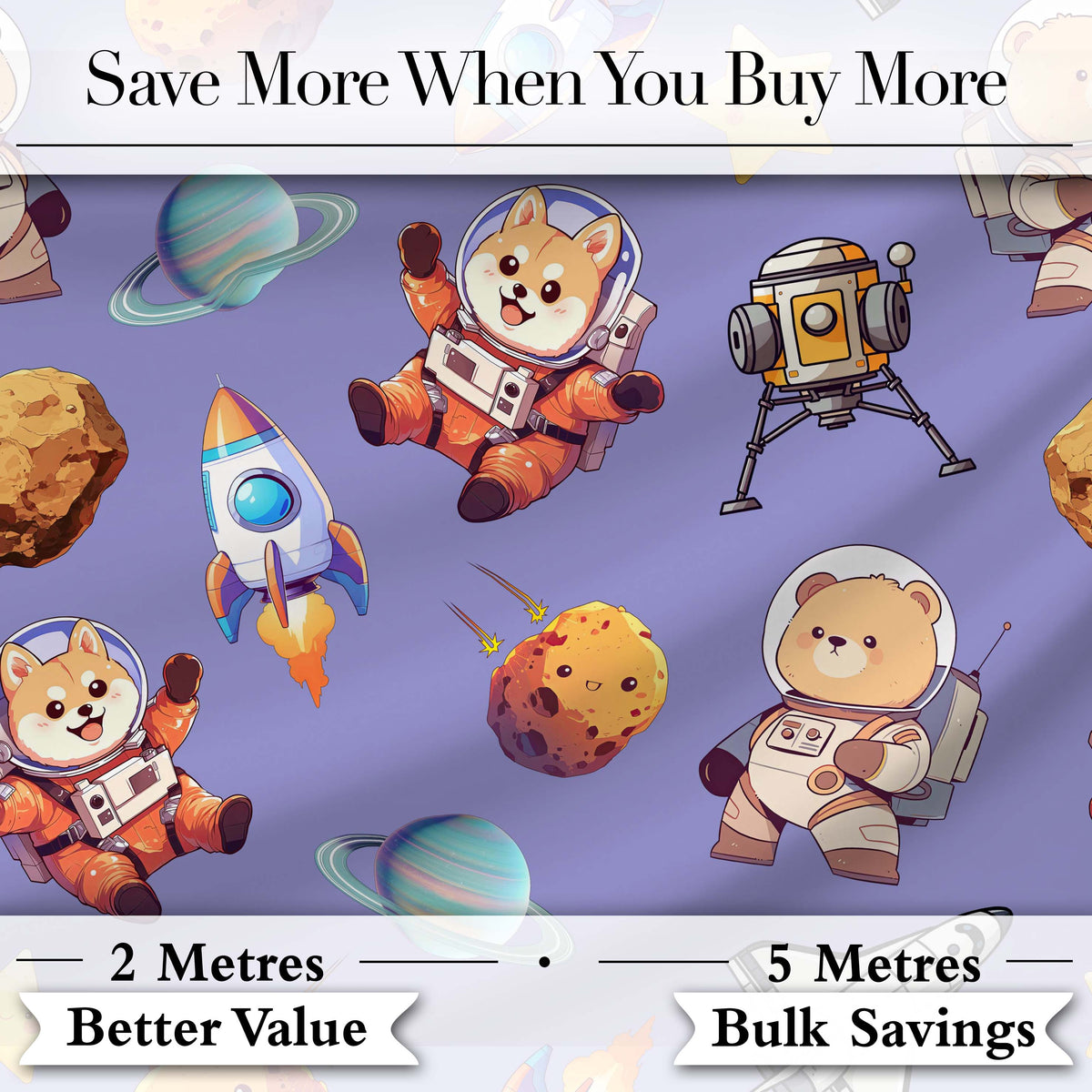 Space Dog Bear Astronaut Rockets Planets Stars Seamless  Lavender Background Digital Print Fabric by the Metre UK Sewing Quilting Textile