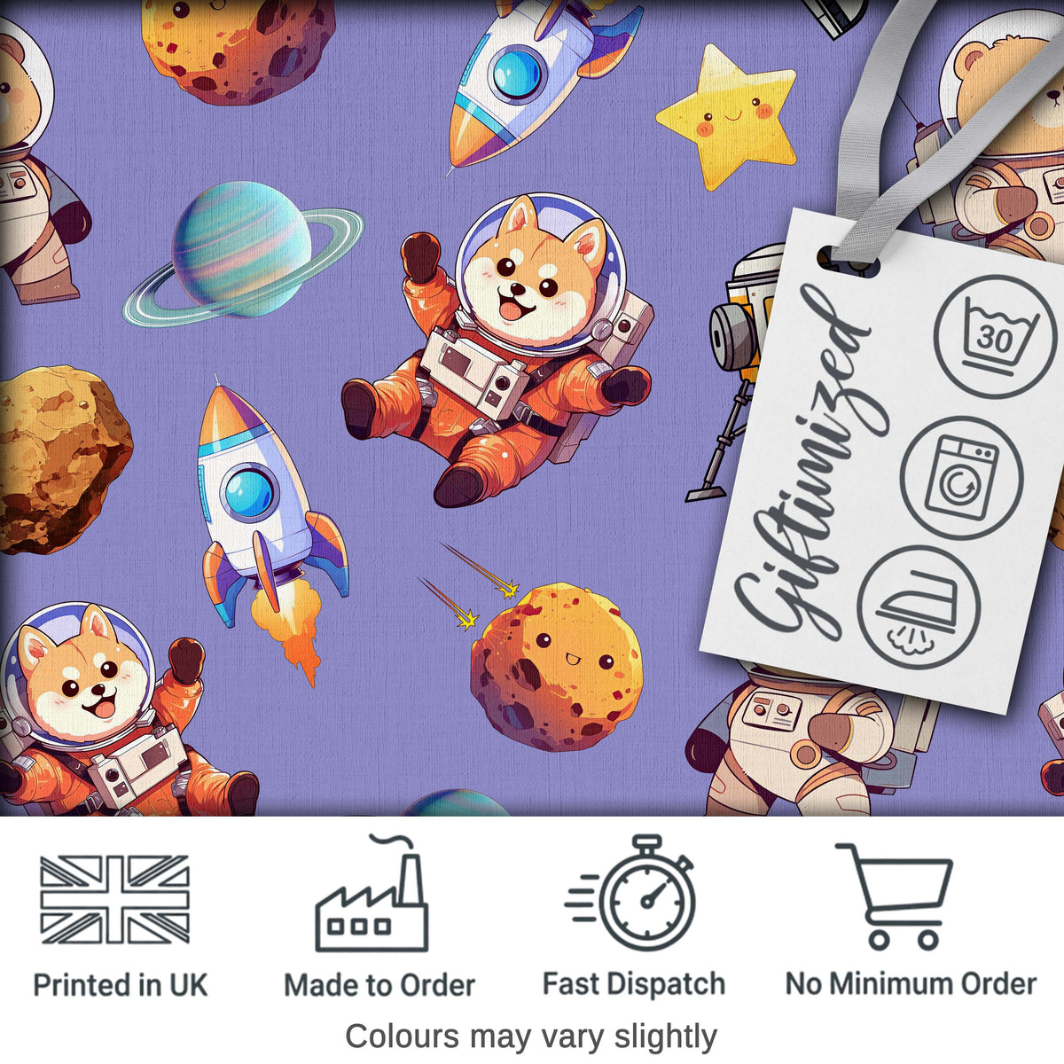 Space Dog Bear Astronaut Rockets Planets Stars Seamless  Lavender Background Digital Print Fabric by the Metre UK Sewing Quilting Textile
