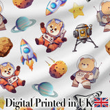 Space Dog Bear Astronaut Rockets Planets Stars Seamless  Light Grey Background Digital Print Fabric by the Metre UK Sewing Quilting Textile