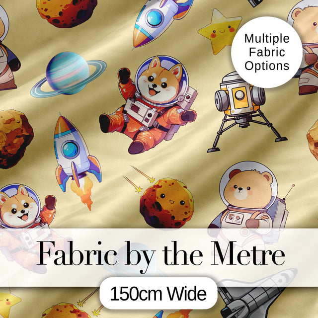 Space Dog Bear Astronaut Rocket Planets Stars Seamless  Soft Yellow Background Digital Print Fabric by the Metre UK Sewing Quilting Textile