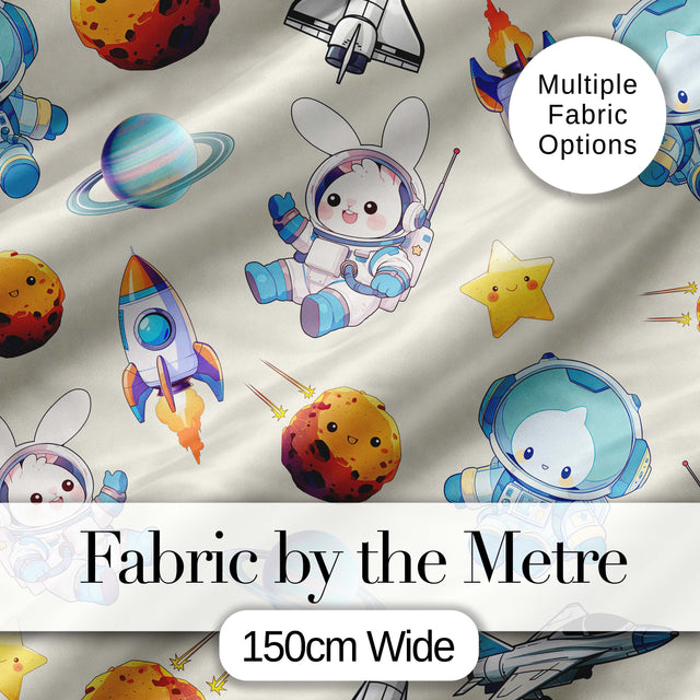 Bunny Astronaut Cat Space Rockets Planets Stars Seamless  Cream Background Digital Print Fabric by the Metre UK Sewing Quilting Textile