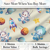 Bunny Astronaut Cat Space Rockets Planets Stars Seamless  Cream Background Digital Print Fabric by the Metre UK Sewing Quilting Textile